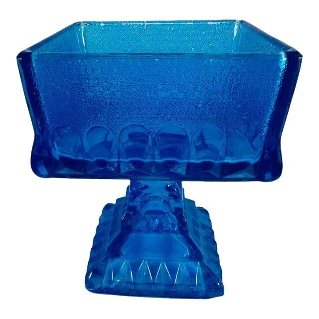 1960s Blue Glass Pedestal Jeanette Style Square Candy Nut Dish