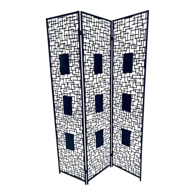 1960s Brutalist Three Panel Wrought Iron and Marble Room Divider Screen