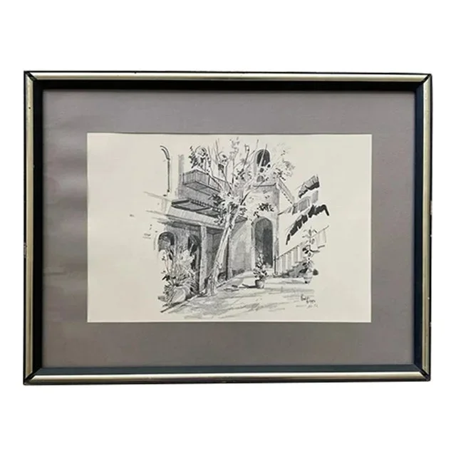 1960s Bud Biggs Signed Framed “Courtyard” Pencil Sketch Lithograph Print