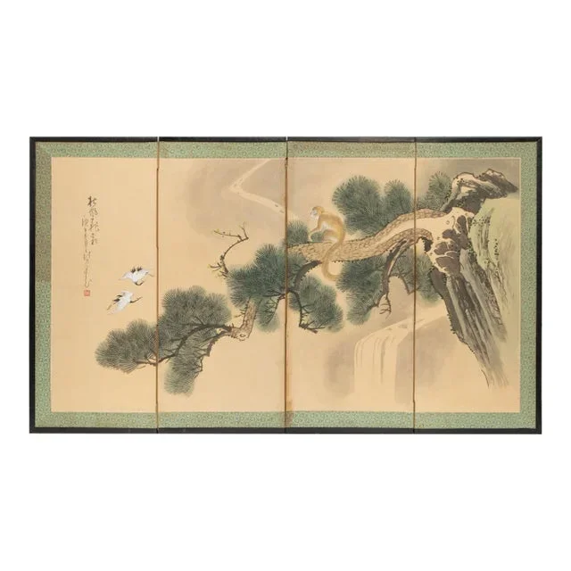 1960s Chinese Painted 4-Panel Screen “Old Pine Tree and Monkey”