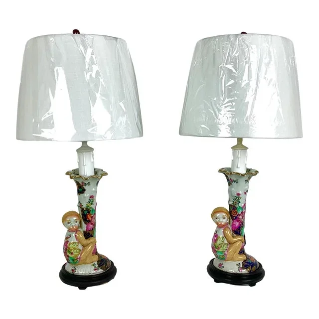 1960s Hand Painted Porcelain Monkey Lamps – a Pair