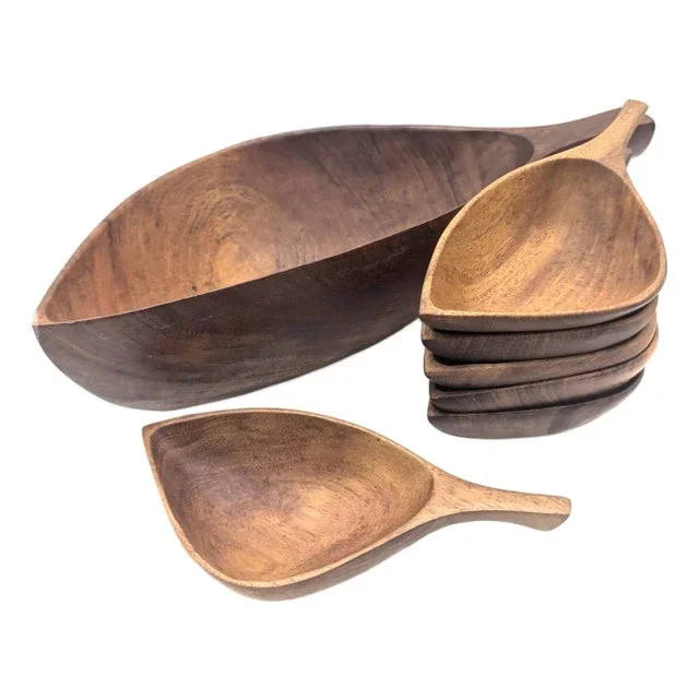 1960s Handcarved Taverneau Wood Leaf Shaped Bowls, Set of 7