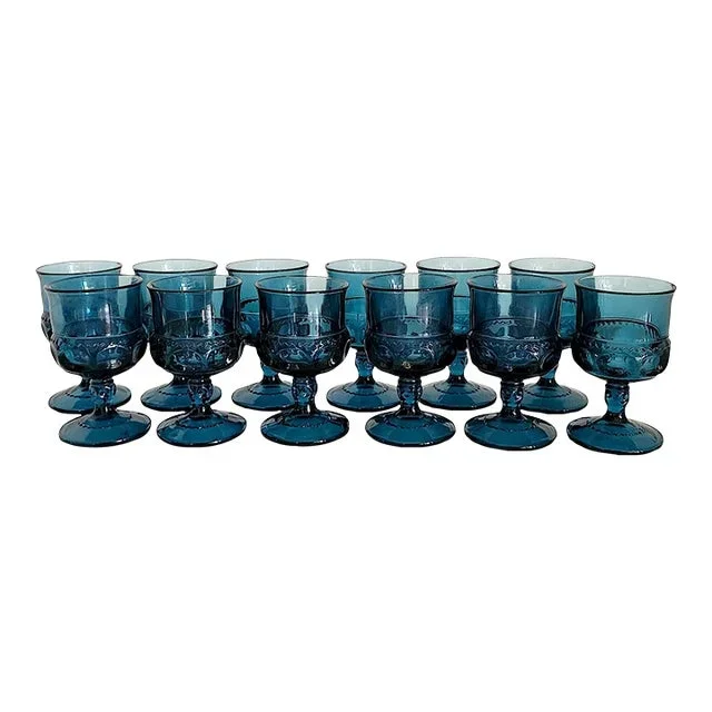 1960s Indiana Glass King’s Crown Wine Goblets in Riviera Blue, Set of 12