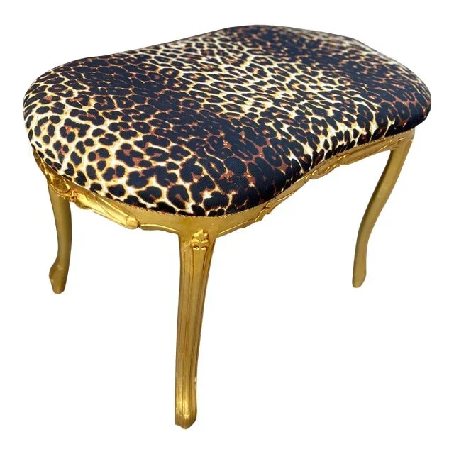 1960s Leopard Louis XV Gold Leaf Bench Stool Ottoman Real Solid Wood