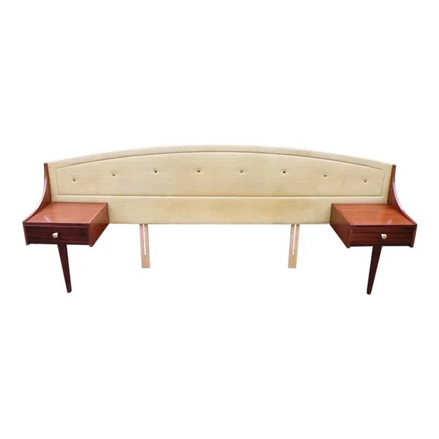 1960s Mid-Century Modern Teak Headboard With Built-in Nightstands – Danish Style King/Queen