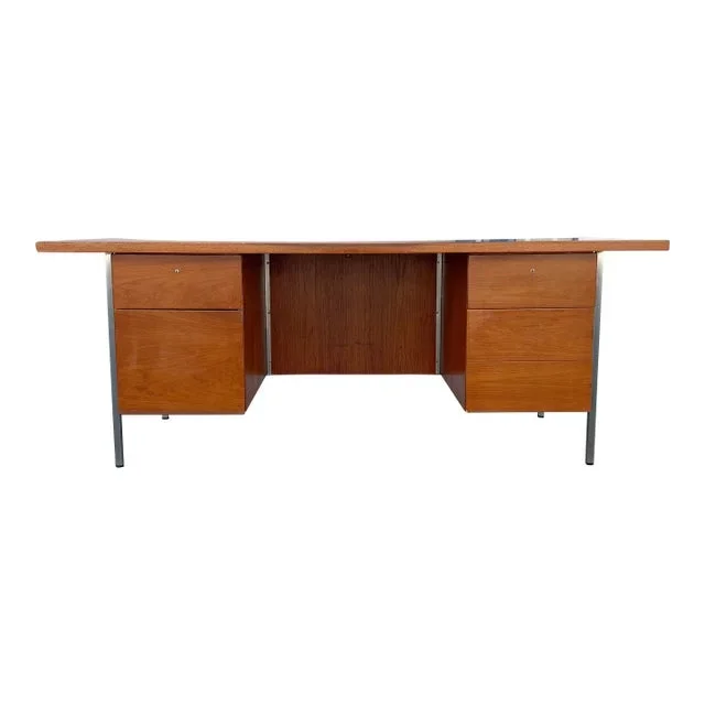 1960s Mid Century Walnut and Chrome Executive Desk by Florence Knoll