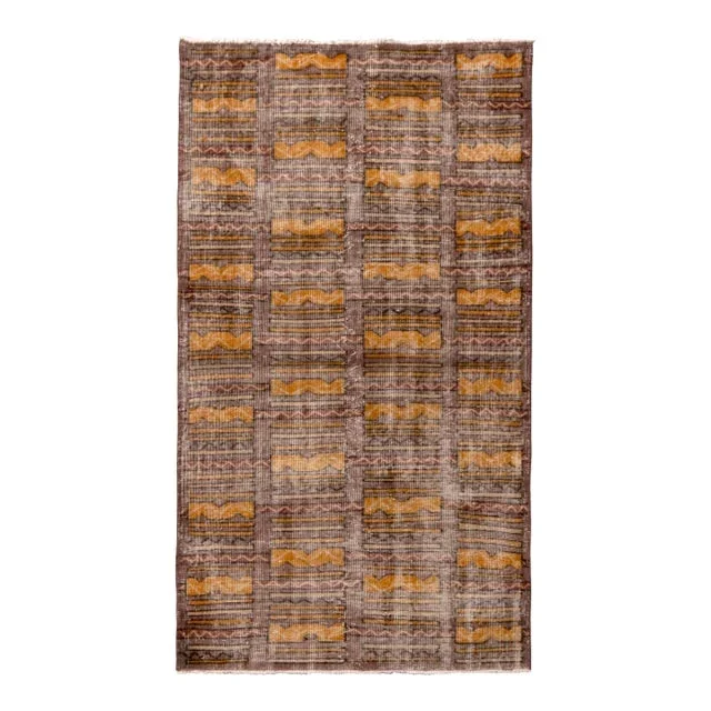 1960s Midcentury Vintage Rug Beige Brown Gold Geometric Pattern by Rug & Kilim