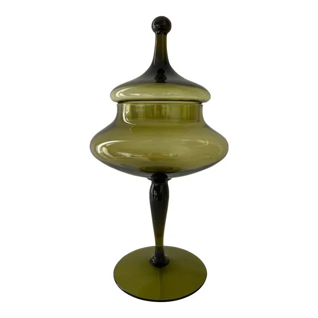1960s Olive Green Hand Blown Art Glass Compote