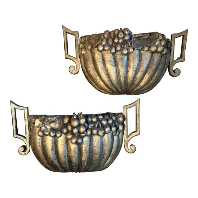 1960s Oversized Italian Hand-Carved Gilded Cornucopia Wall Sconces – a Pair