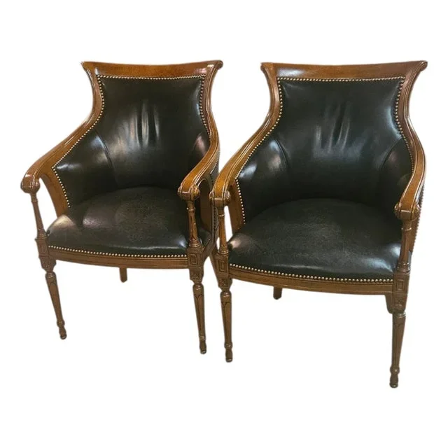 1960s Pair Mahogany Framed Leather Arm Chairs