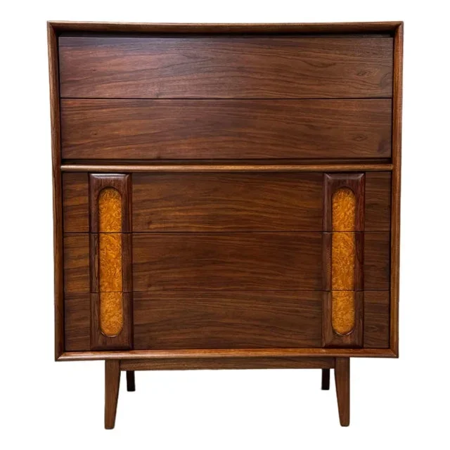 1960s Refinished Walnut and Burl Tall Dresser