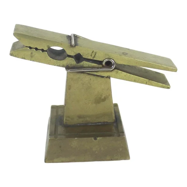 1960s Solid Brass Clothes Peg Paper Clip Paperweight Message Letter Photo Holder, Mail Organizer, Vintage Office Decor