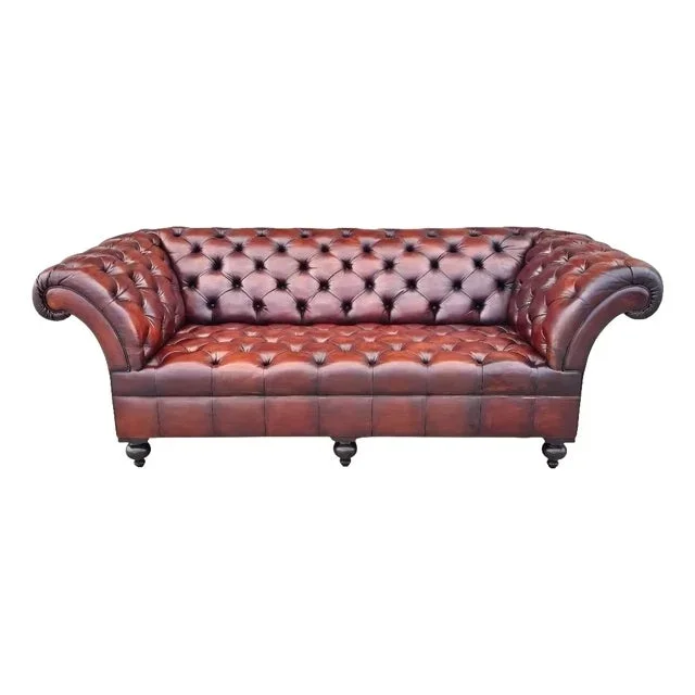 1960s Victorian Walnut Leather Upholstered Chesterfield Sofa