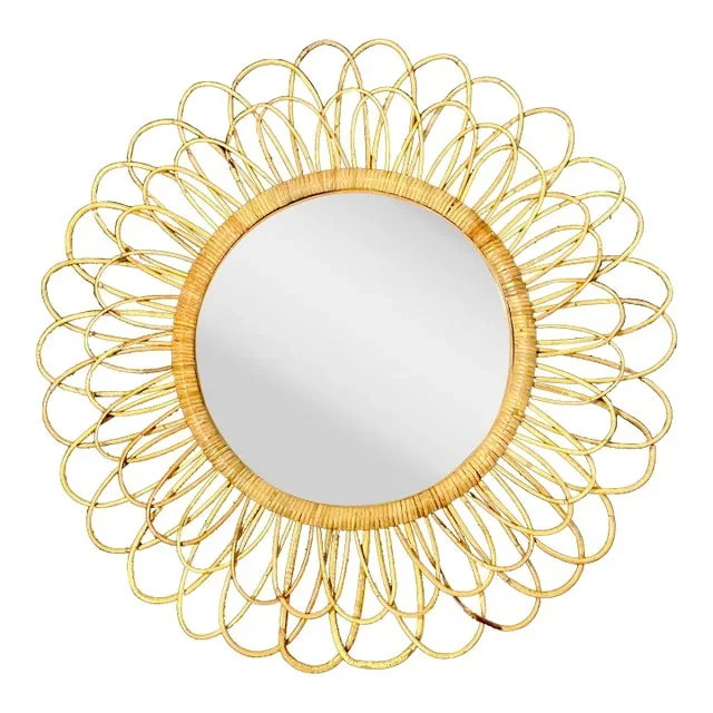 1960s Vintage Coastal Italian Franco Albini Rattan Sunburst Mirror, Attributed