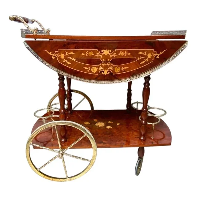 1960s Vintage Hollywood Regency Italian Folding‑Leaf Bar Cart in Wood & Brass