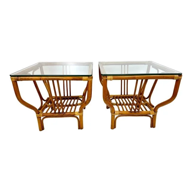 1960s Vintage Mid Century Bamboo Glass Top Side Tables, a Pair