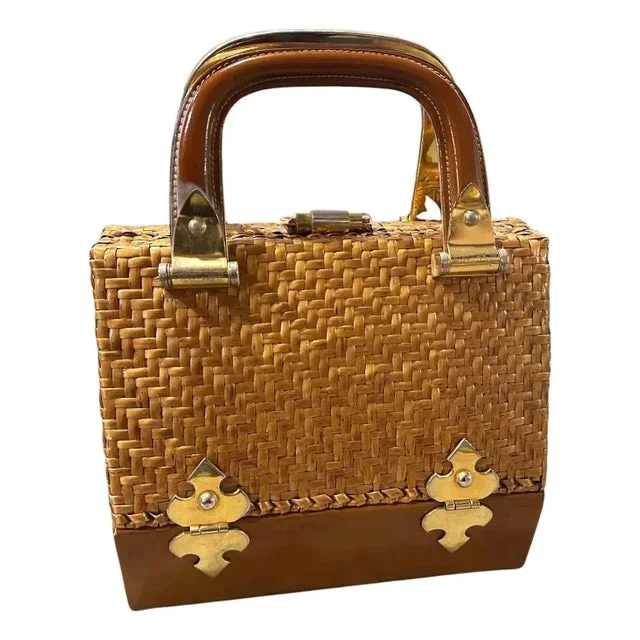 1960s Woven Wicker Leather and Brass Top Handle Bag by Rodo