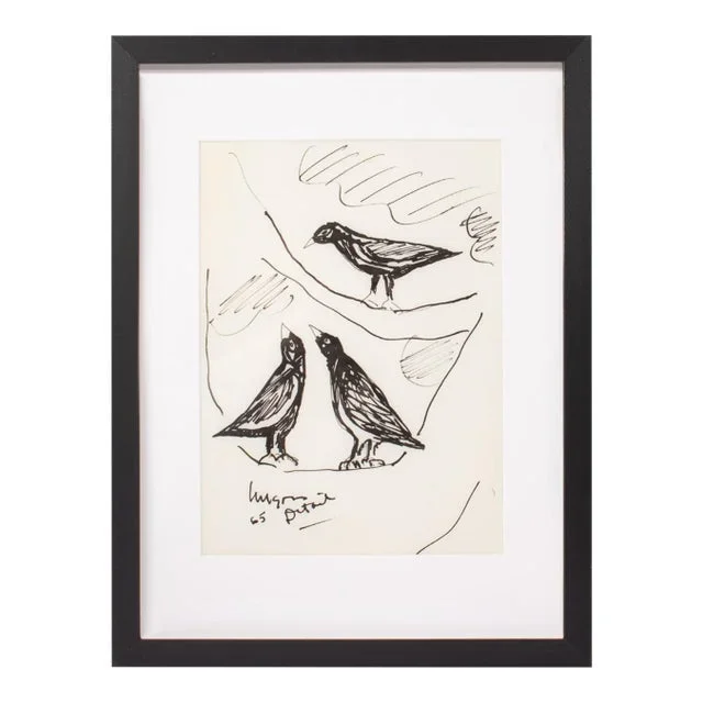 1965 Ink Drawing of Blackbirds by Harry Hilson