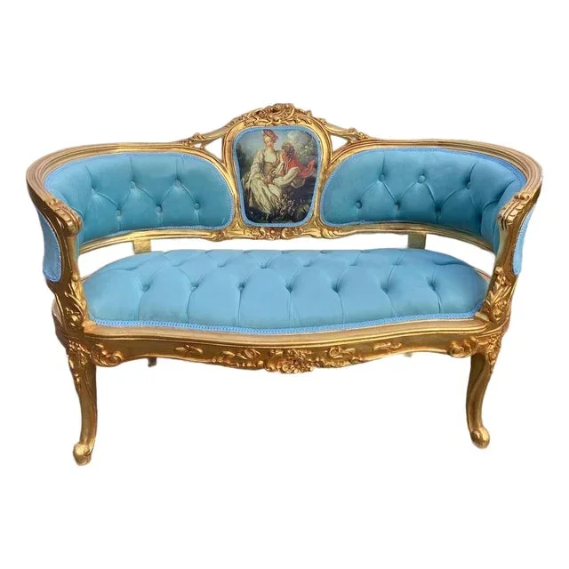 1970 French Louis XVI Gilded Beech Blue Velvet Corbeille Settee