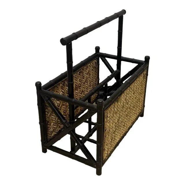 1970 Palecek Bamboo Rattan 2 Compartment Magazine Rack With Handle