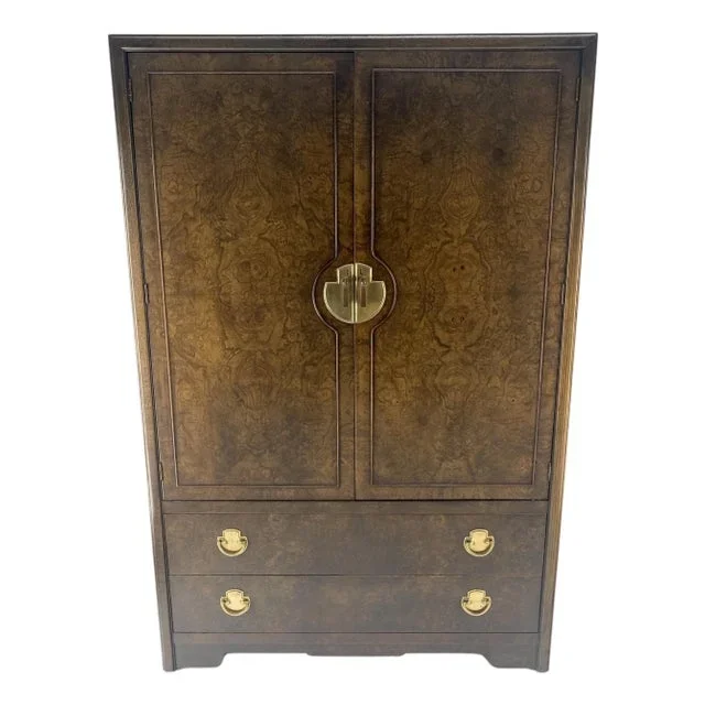 1970s Burl Wood Brass 2 Doors Drawer Mastercraft Gentleman’s Chest Dresser