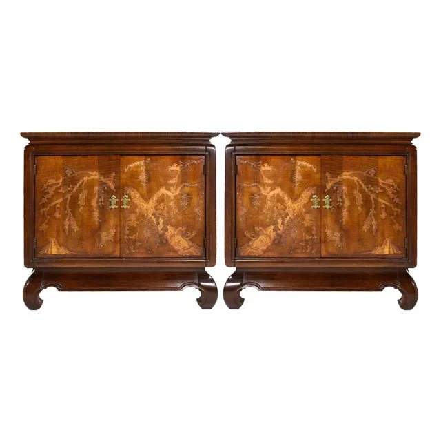 1970s Chinoiserie Carved Relief Two Door Chests – a Pair