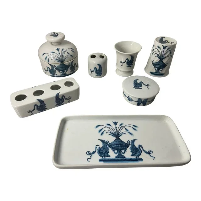 1970s France Paris Lamballe Swan Urn Porcelain Bathroom Set Tray Lipstick Trinket Box Glass – 7 Piece Set