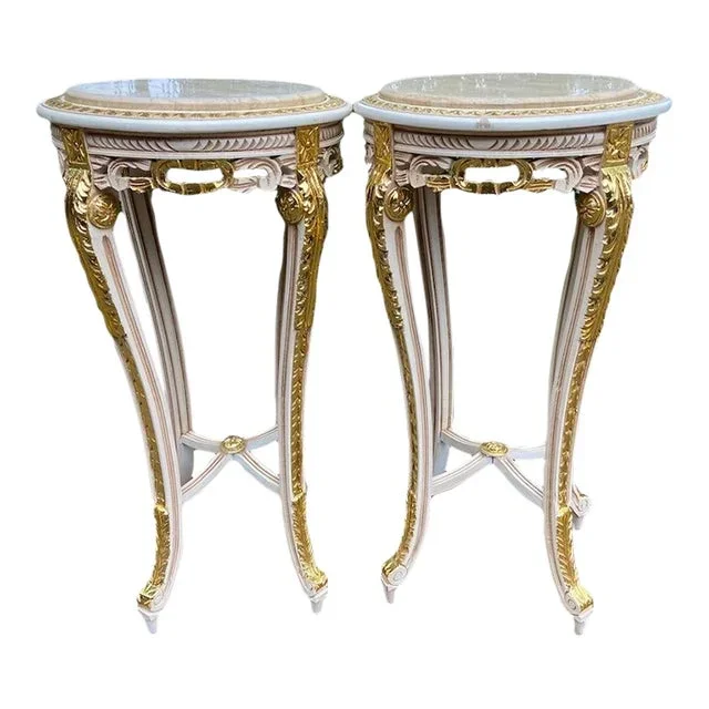 1970s French Louis XVI White Gold Marble Side Tables – Pair
