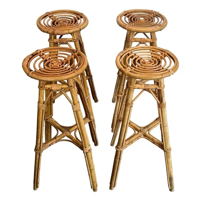 1970s French Rattan Stools – Set of 4