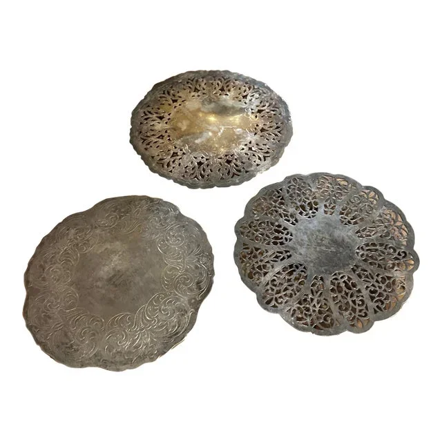 1970s Instant Collection of Silverplate Lace Round Trivets- Set of 3