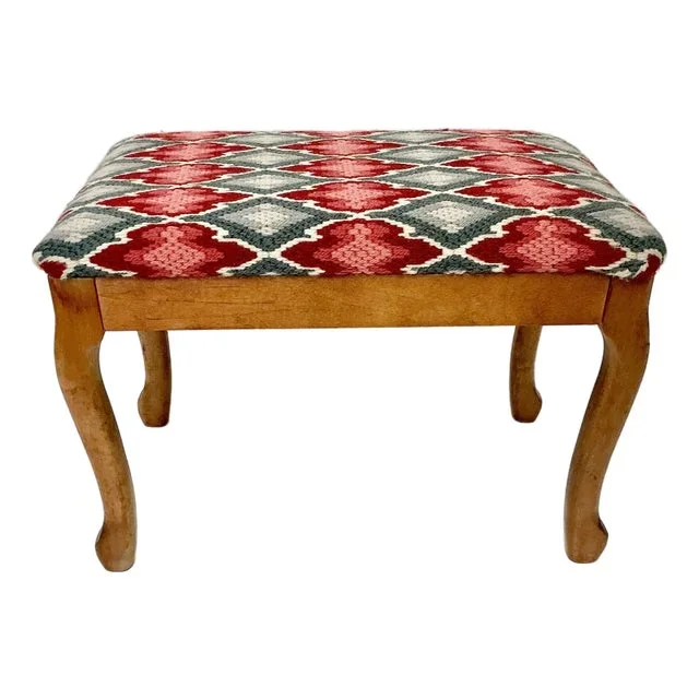 1970s Mid-Century Boho Chic Folk Art Needlepoint Stool Bench.
