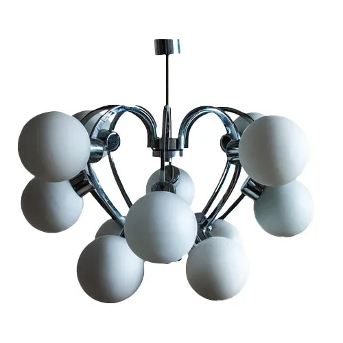 1970s Mid-Century Heart Shaped Atomic Space Age 12 White Opal Glass Globe Chandelier