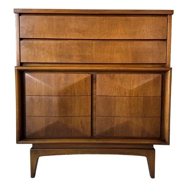 1970s Mid-Century Modern United Diamond Front Walnut Highboy Chest