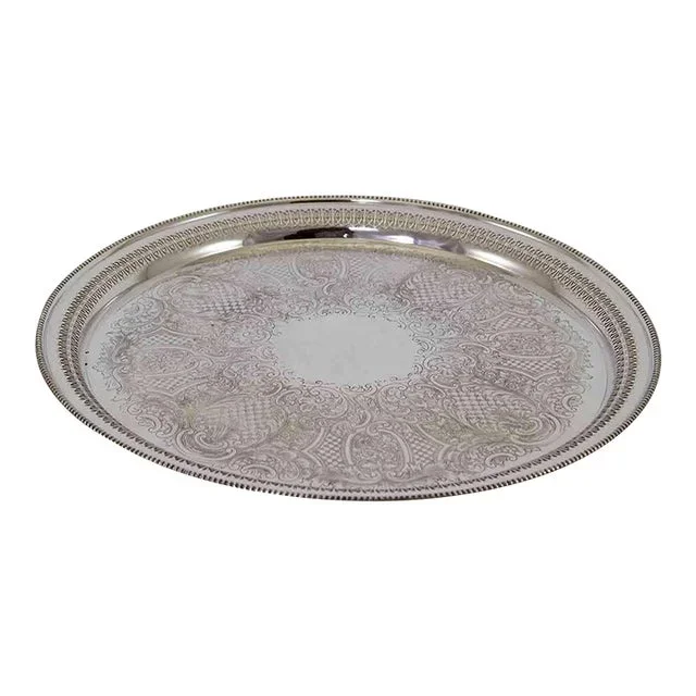 1970s New Silver Salver Round Embossed, Pierced Border