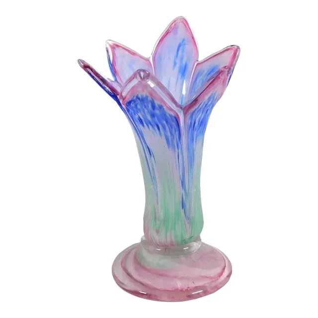 1970s Pink, Blue, and Green Short Art Glass Tulip Shaped Vase