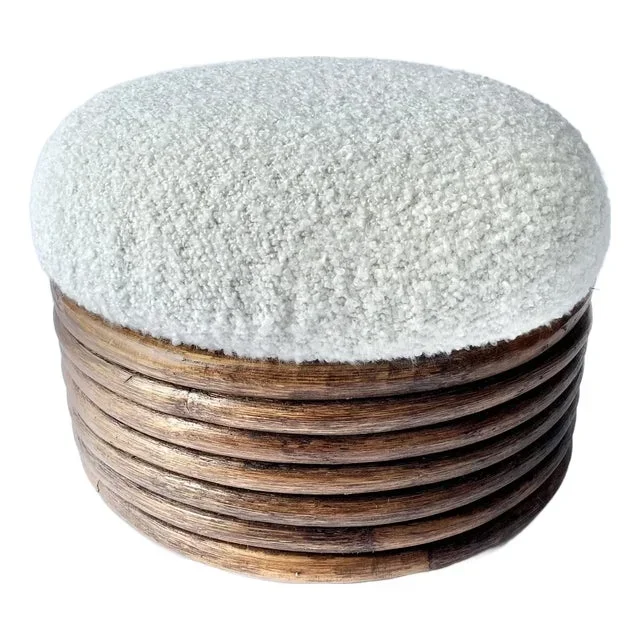 1970s Round Rattan Ottoman, Boucle, Mid Century