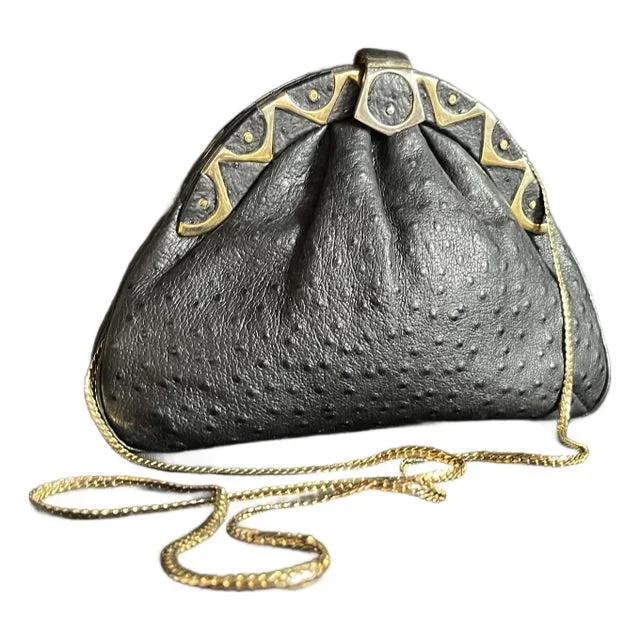 1970s Vintage 1980s Midnight Blue Leather Evening Bag With Ostrich-Embossed Texture