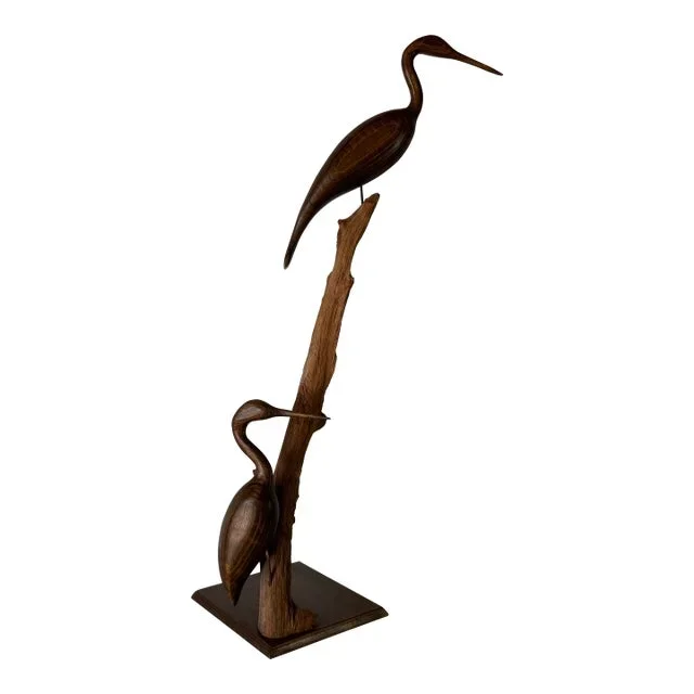 1970s Vintage Art Carved Wood Heron Sculpture on Driftwood Base