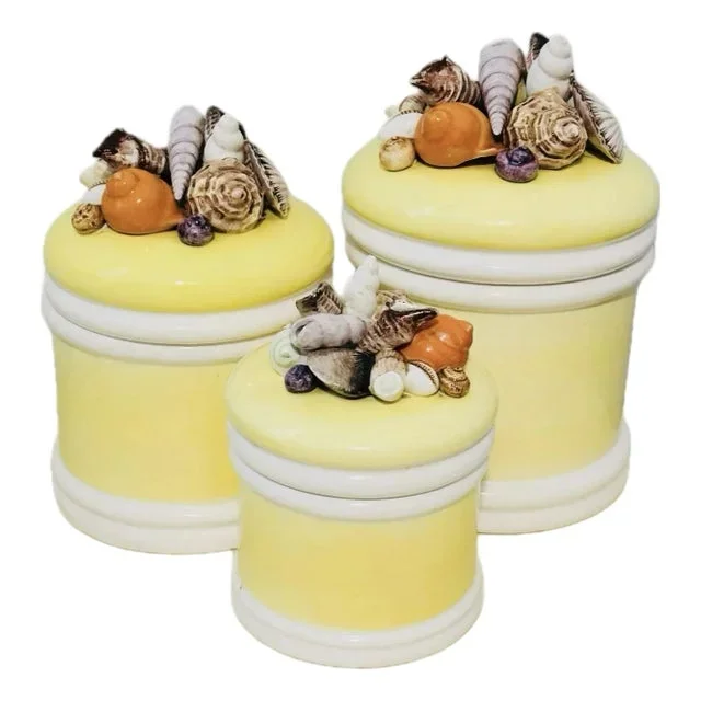 1970s Vintage Coastal Ceramic Canisters Top With Shells- Set of 3