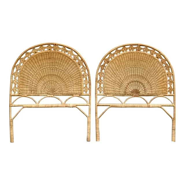 1970s Vintage Coastal Woven Rattan Fan Back Twin Headboards – A Pair