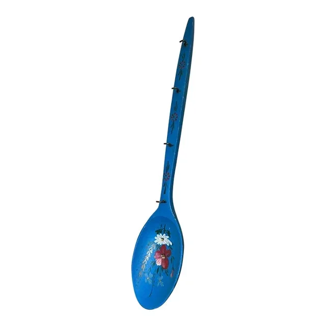 1970s Vintage Hand Painted Wooden Spoon With Hanger and Hooks