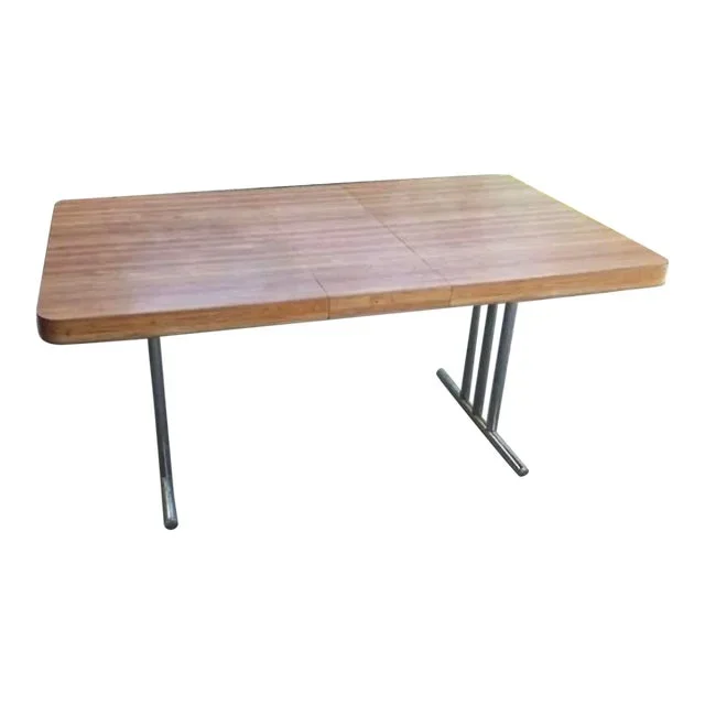 1970s Vintage Mid-Century Chrome and Laminate Dining Table With Extended Leaf
