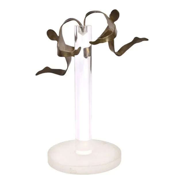 1970s Vintage Modern Sculpture Brass Dancer Gymnasts on Acrylic Pole by Carol Marks