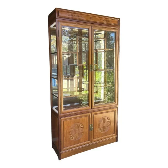 1970s Vintage Rosewood Chinoiserie Style Lighted Display Cabinet