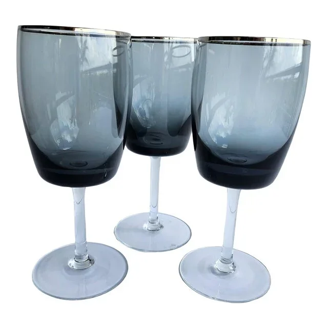 1970s Water Goblets in Midnight Mist/Smoke With Platinum Rim by Gorham Crystal, Set of 3