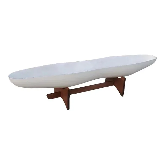 1970s White Fiberglass Ap Peanut Planter With Walnut Wooden Base Styled After John Follis