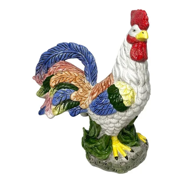 1980’s Rooster Ceramic Sculpture Pink, Green & Blue