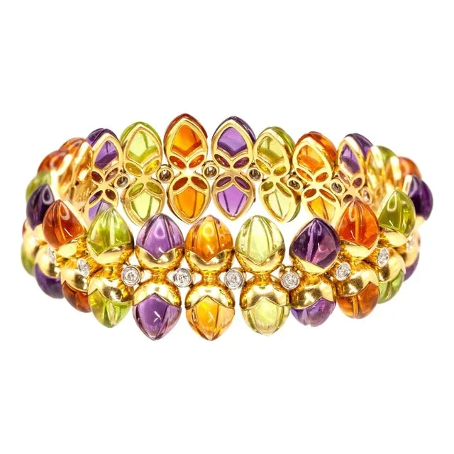 1980s 18k Yellow Gold Diamond Carved Multicolor Gemstone Wide Bracelet