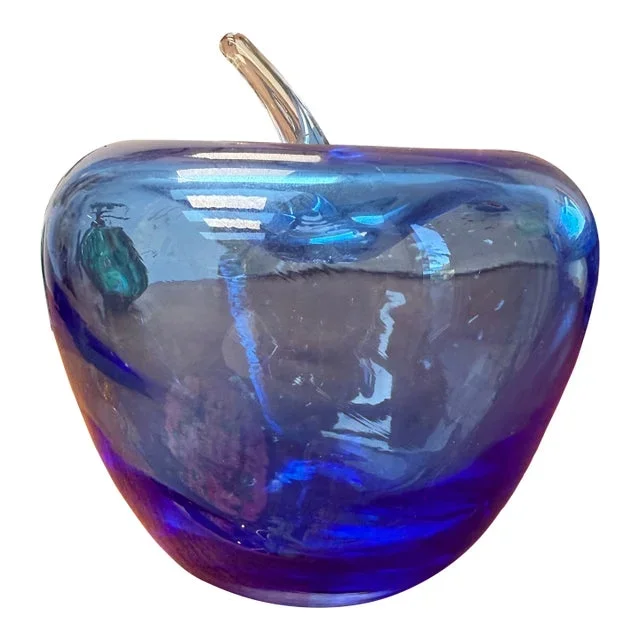1980s Blenko Blue Apple With Clear Stem, Original Label