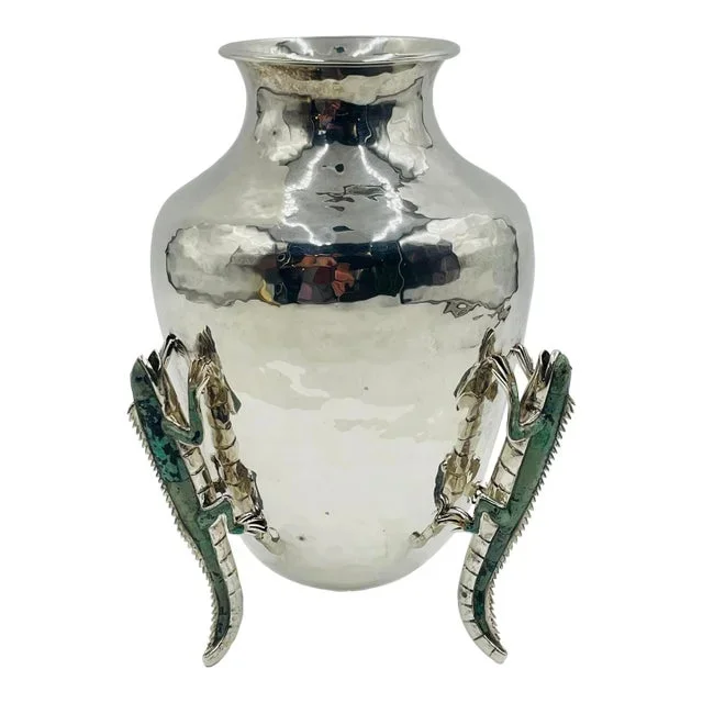 1980s Emilia Castillo Hammered Silver Vase With Malachite Lizards, Mexican Modernist
